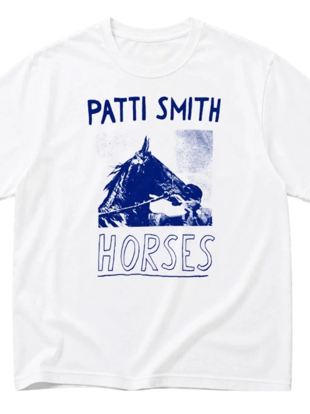 White Tee with Blue Patti Smith Horses Graphic